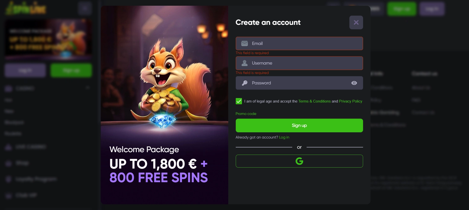Spinline casino registration interface designed for easily creating brand new player accounts.