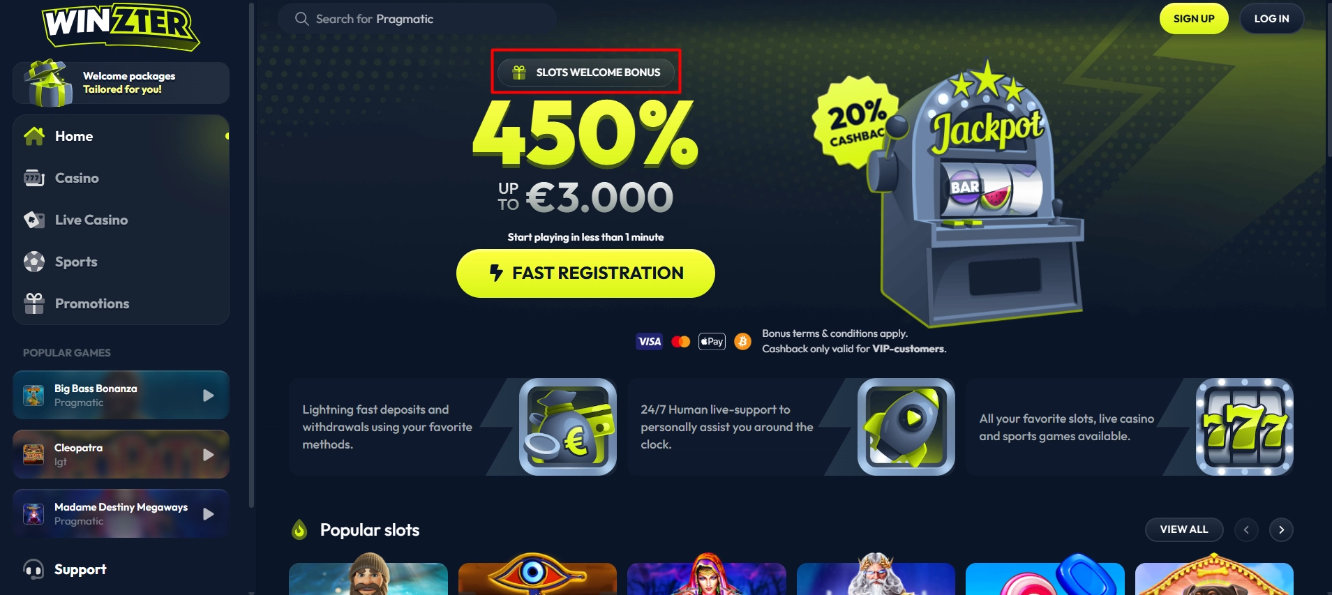 Winzter online casino interface displaying exciting slots and generous new player bonuses.